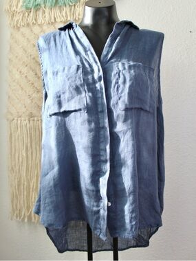 Bella Dahl Large Blue Sleeveless 100% Linen Button-Front Top High Low Hem